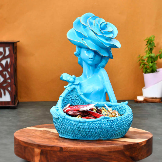 Chic Blue Lady with Rose Hat Decorative Tray – Resin Organizer for Candy, Jewelry, and Keys
