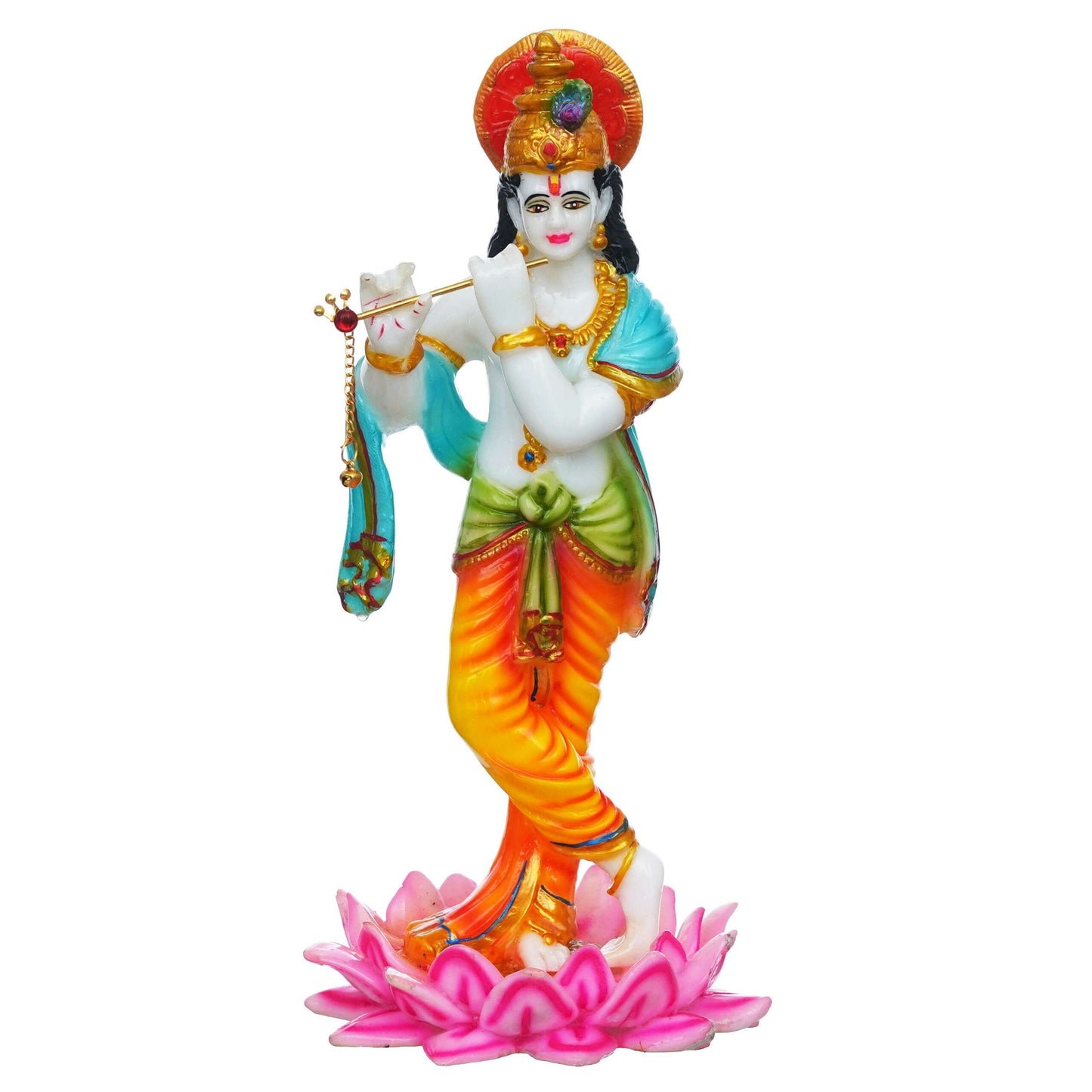 Colorful Lord Krishna Idol – Flute-Playing Figurine Standing on Lotus Base