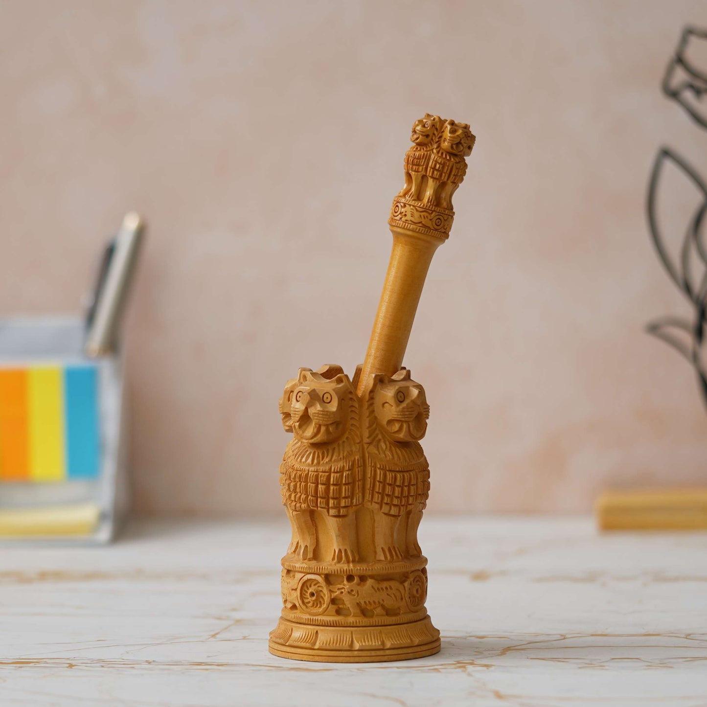 Handcrafted Wooden Ashoka Pillar – Symbol of India's Heritage and Pride