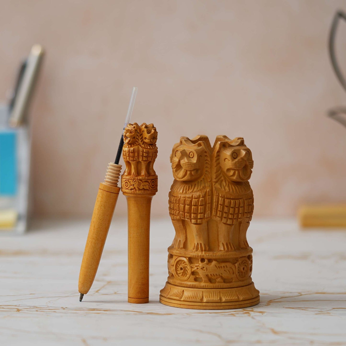 Handcrafted Wooden Ashoka Pillar – Symbol of India's Heritage and Pride
