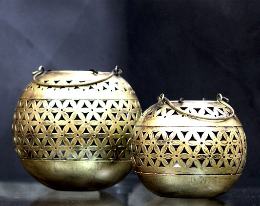 Antique Finish Bronze Lantern Set – Handcrafted Decorative Candle Holders