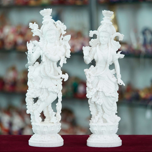 Elegant White Marble Radha Krishna Statues – Intricately Handcrafted Decorative Idols
