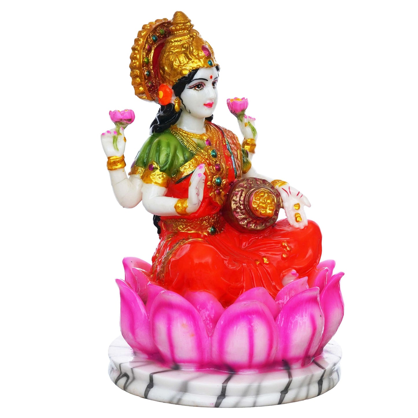 Vibrant Goddess Lakshmi Idol – Seated on Lotus, Marble Base Decorative Statue
