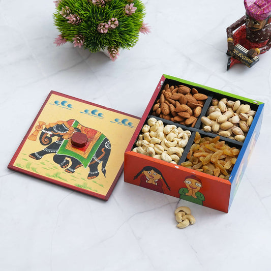 Hand-Painted Wooden Dry Fruit Box – Traditional Rajasthani Elephant Artwork