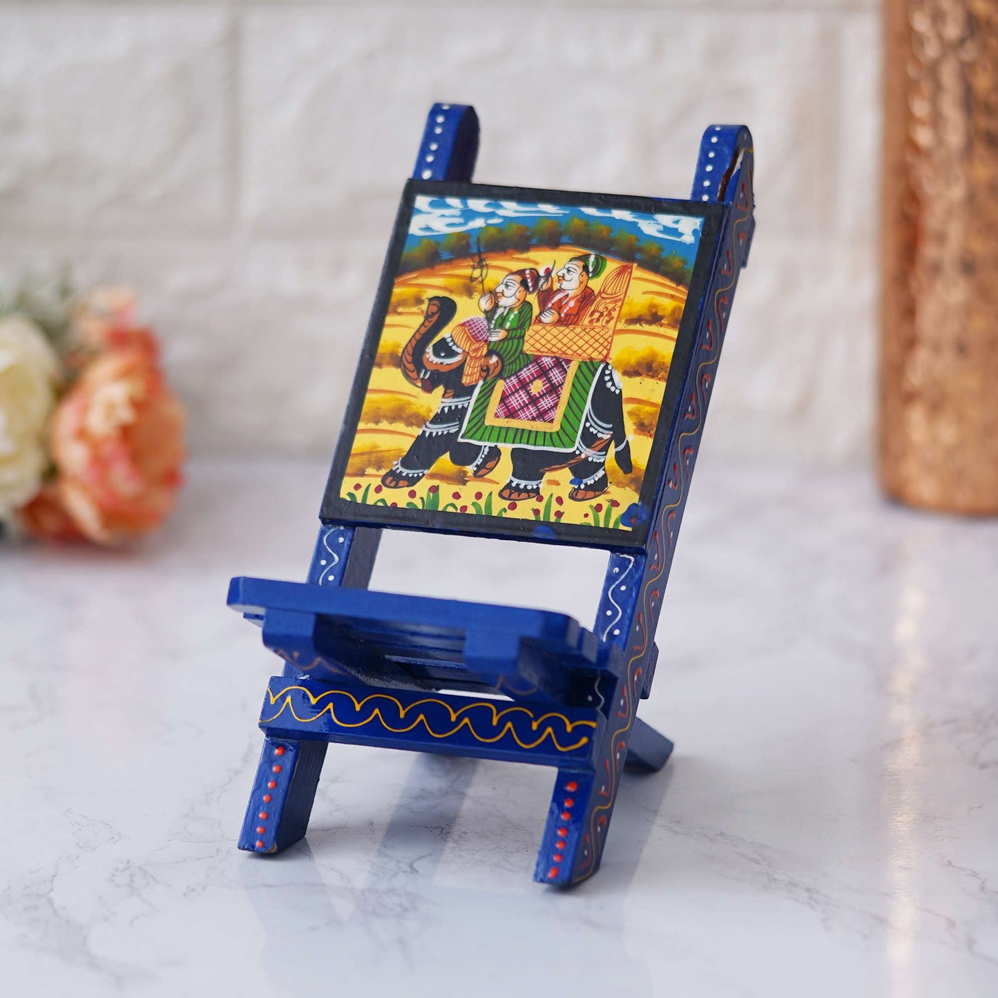 Hand-Painted Wooden Mobile Stand – Vibrant Rajasthani Elephant Artwork