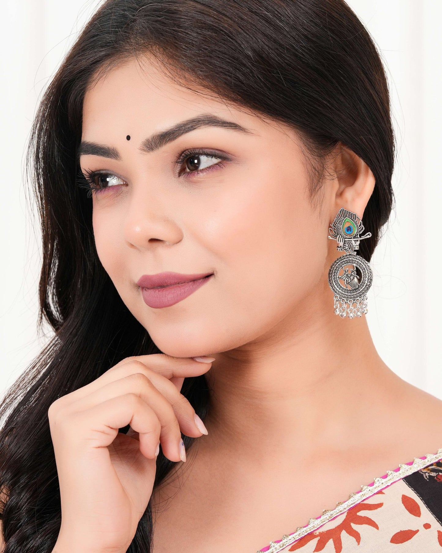 Silver Beads Ethnic Jhumka (Radha Krishna Design)