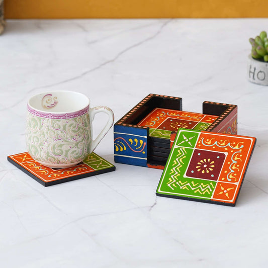 Handcrafted Multicolor Wooden Tea Coaster Set – Traditional Hand-Painted Design (Set of 6 with Holder)