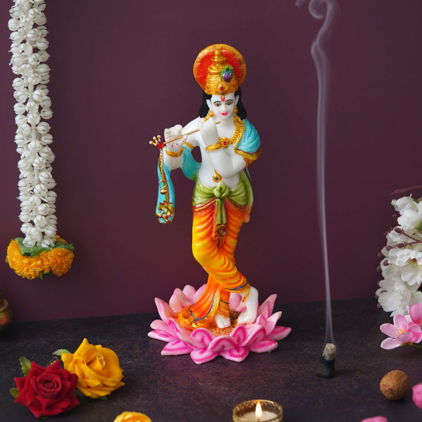 Colorful Lord Krishna Idol – Flute-Playing Figurine Standing on Lotus Base
