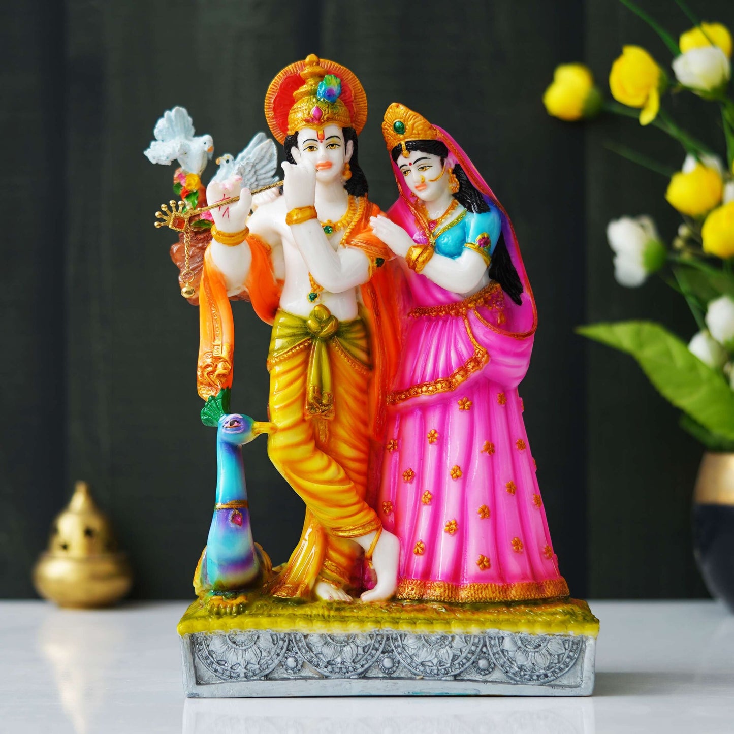 Colorful Radha Krishna Idol – Hand-Painted Decorative Statue with Peacock Detail