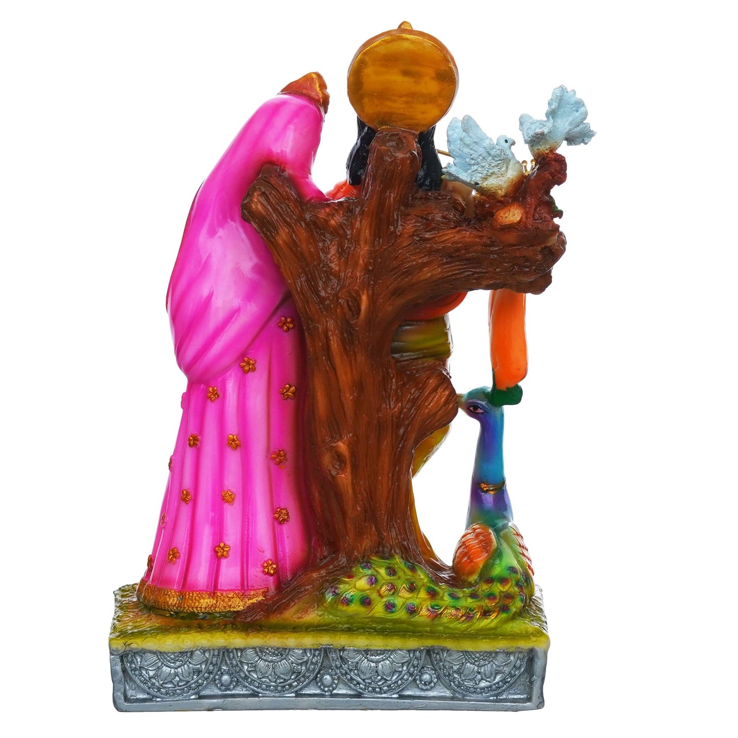 Colorful Radha Krishna Idol – Hand-Painted Decorative Statue with Peacock Detail