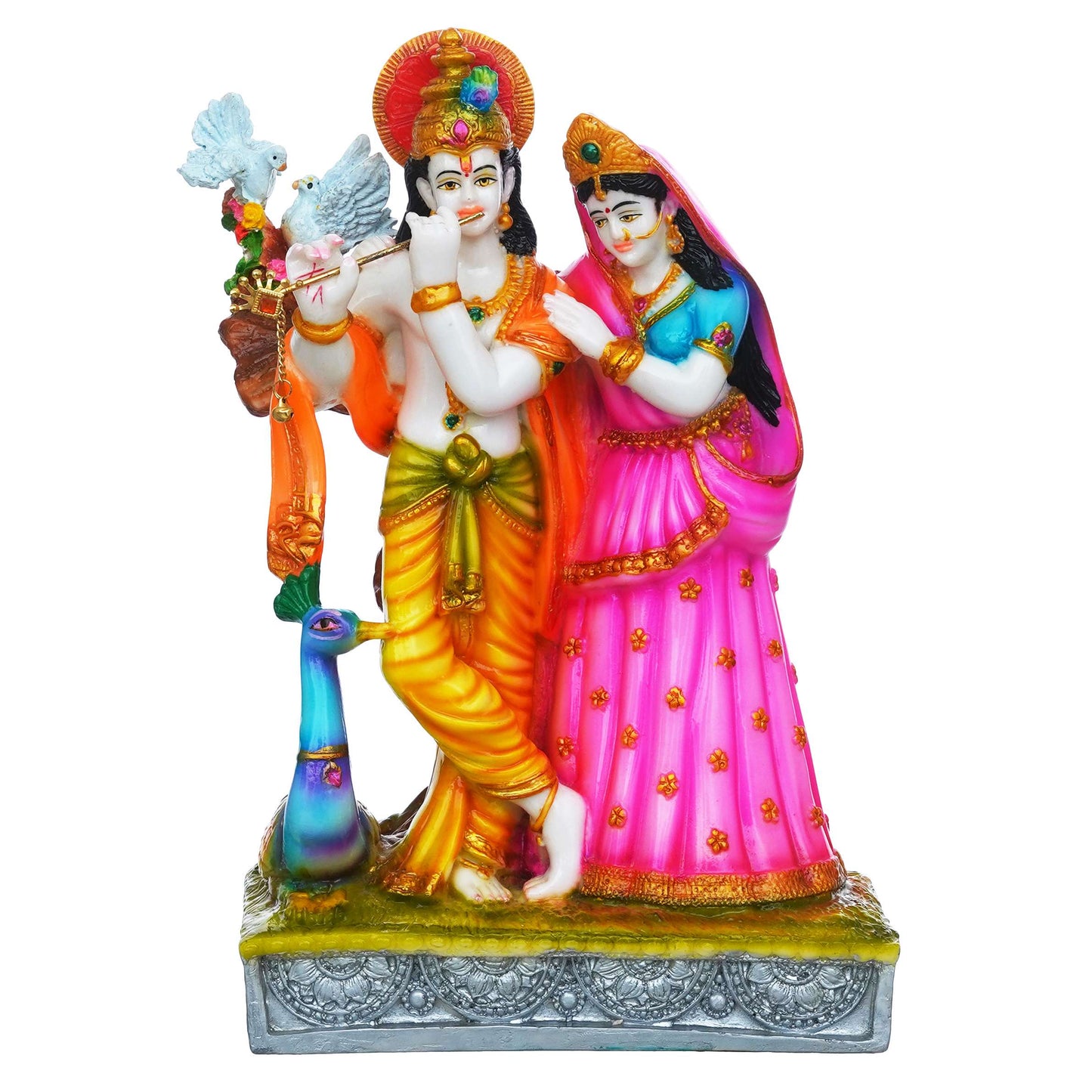 Colorful Radha Krishna Idol – Hand-Painted Decorative Statue with Peacock Detail