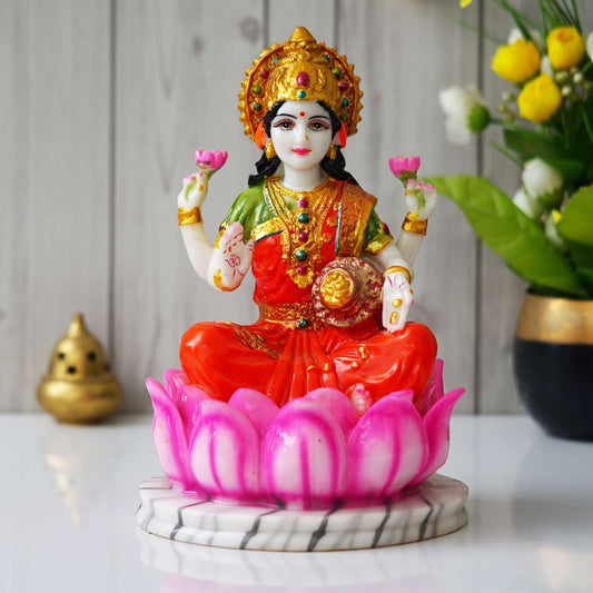 Vibrant Goddess Lakshmi Idol – Seated on Lotus, Marble Base Decorative Statue