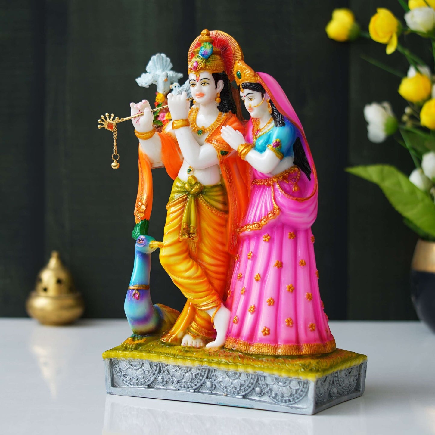 Colorful Radha Krishna Idol – Hand-Painted Decorative Statue with Peacock Detail
