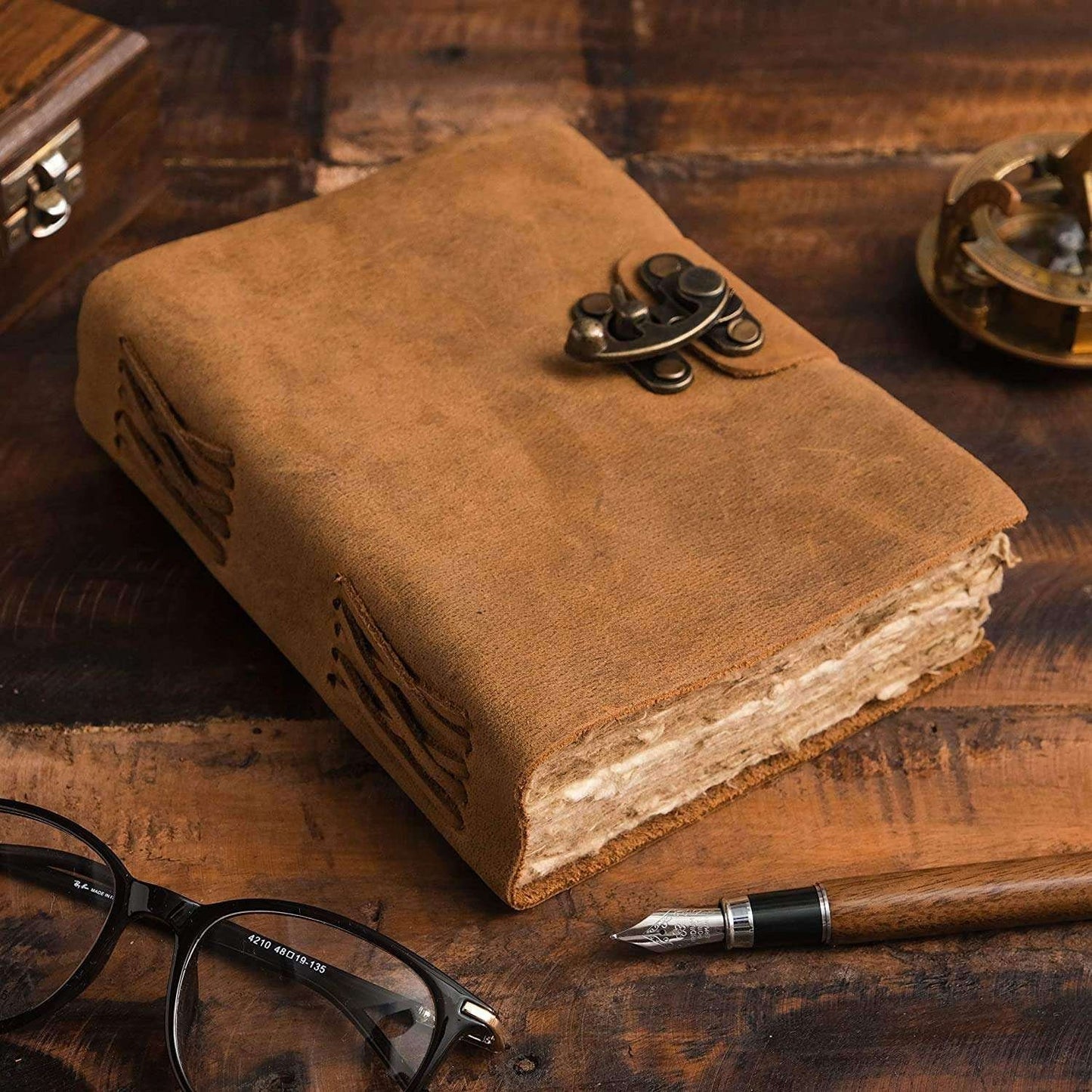 Classic Tan Leather Journal – Rustic Handmade Diary with Antique Lock