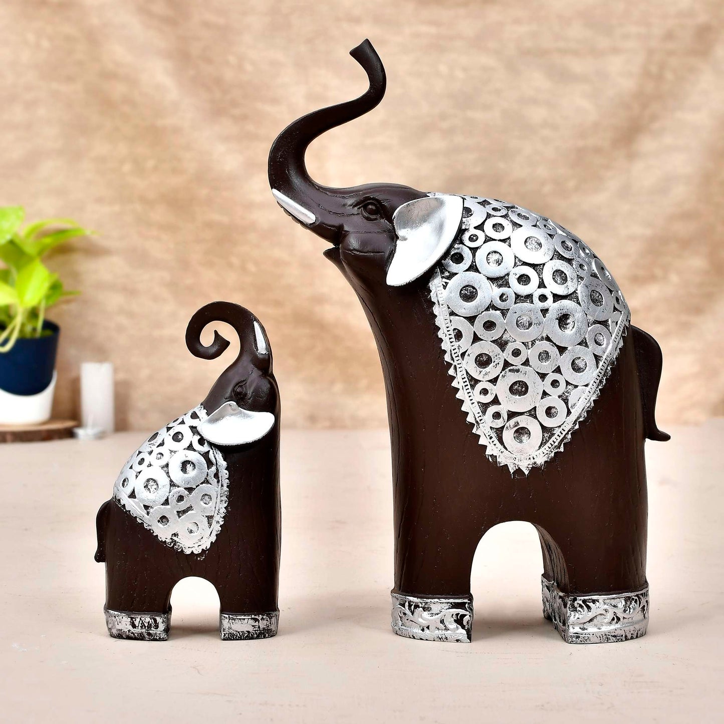 Handcrafted Decorative Elephant Set – Rustic Brown with Silver Detailing (Set of 2)