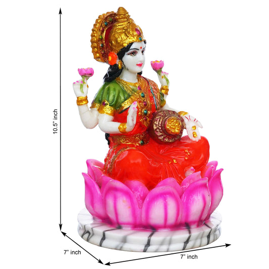 Vibrant Goddess Lakshmi Idol – Seated on Lotus, Marble Base Decorative Statue