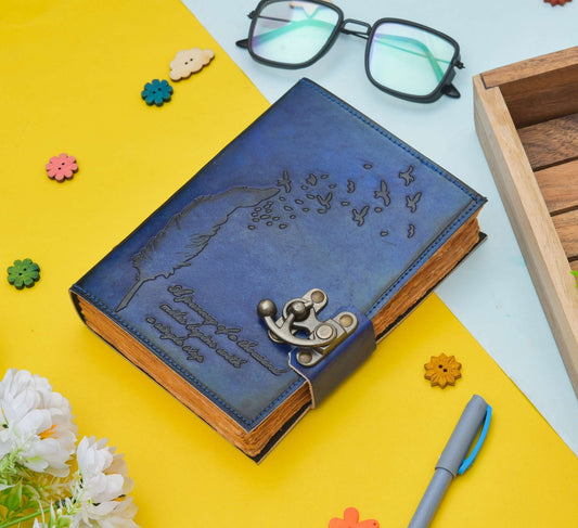 Blue Feather & Birds Leather Journal – Vintage Embossed Diary with Metal Lock
