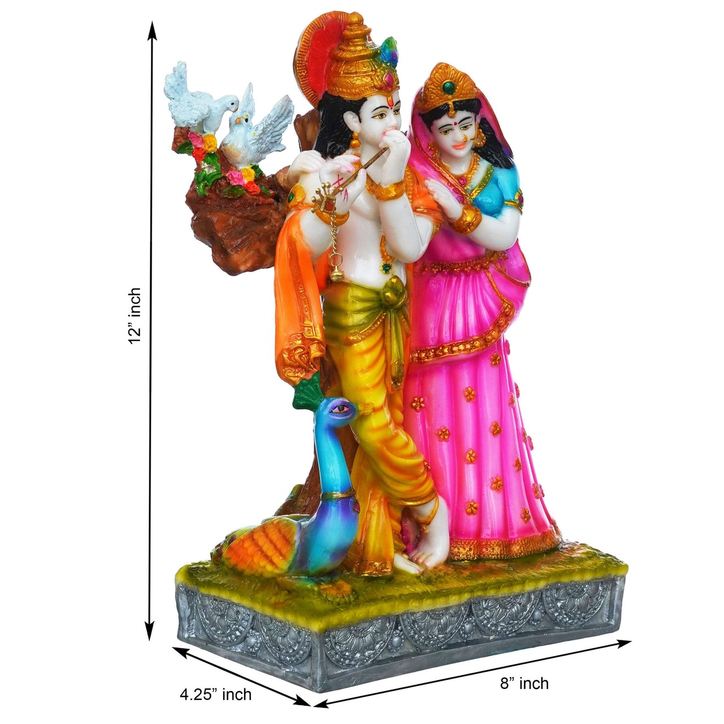 Colorful Radha Krishna Idol – Hand-Painted Decorative Statue with Peacock Detail