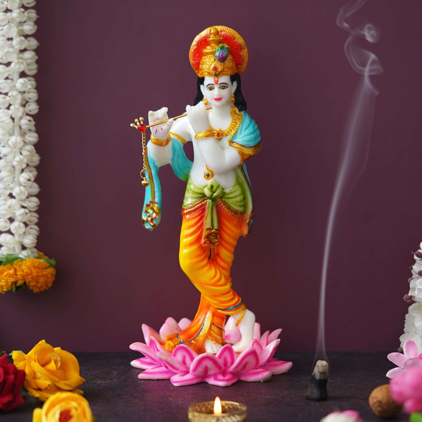 Colorful Lord Krishna Idol – Flute-Playing Figurine Standing on Lotus Base