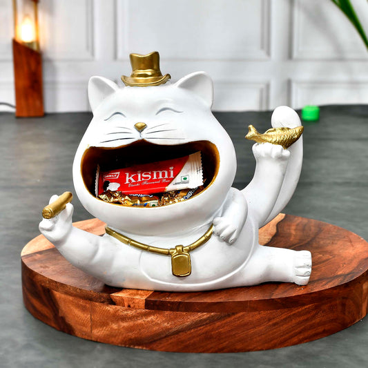 Lucky Cat Decorative Storage Tray – Whimsical Figurine for Snacks, Keys, and Coins