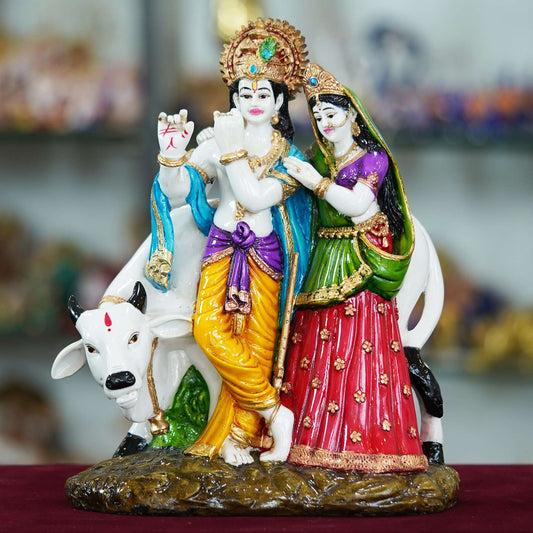 Radha Krishna Divine Sculpture with Sacred Cow – Symbol of Love, Purity, and Spiritual Harmony