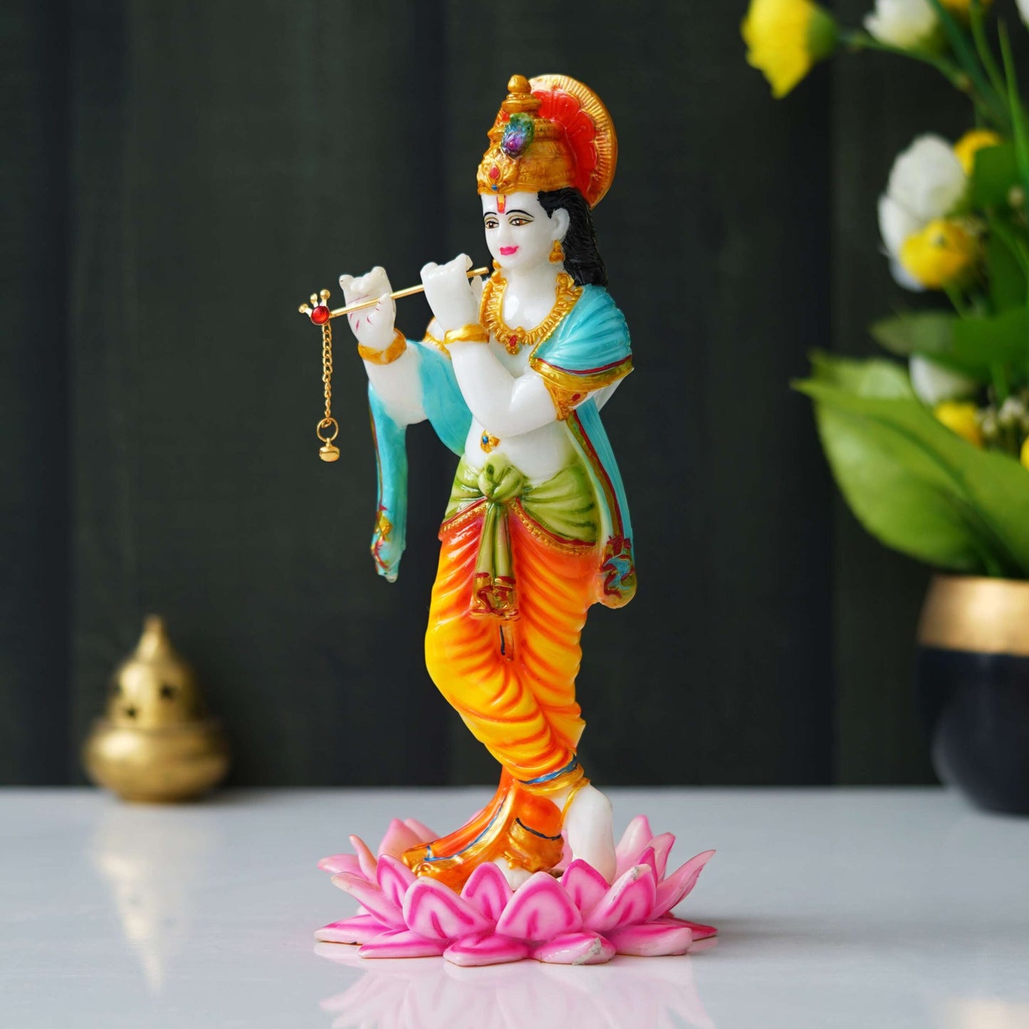 Colorful Lord Krishna Idol – Flute-Playing Figurine Standing on Lotus Base