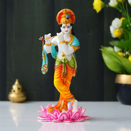 Colorful Lord Krishna Idol – Flute-Playing Figurine Standing on Lotus Base