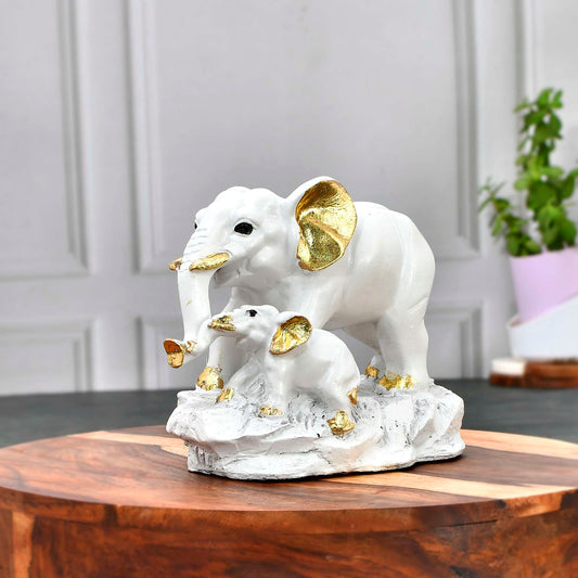 Elegant White Elephant Duo Statue – Gold-Accented Resin Home Decor