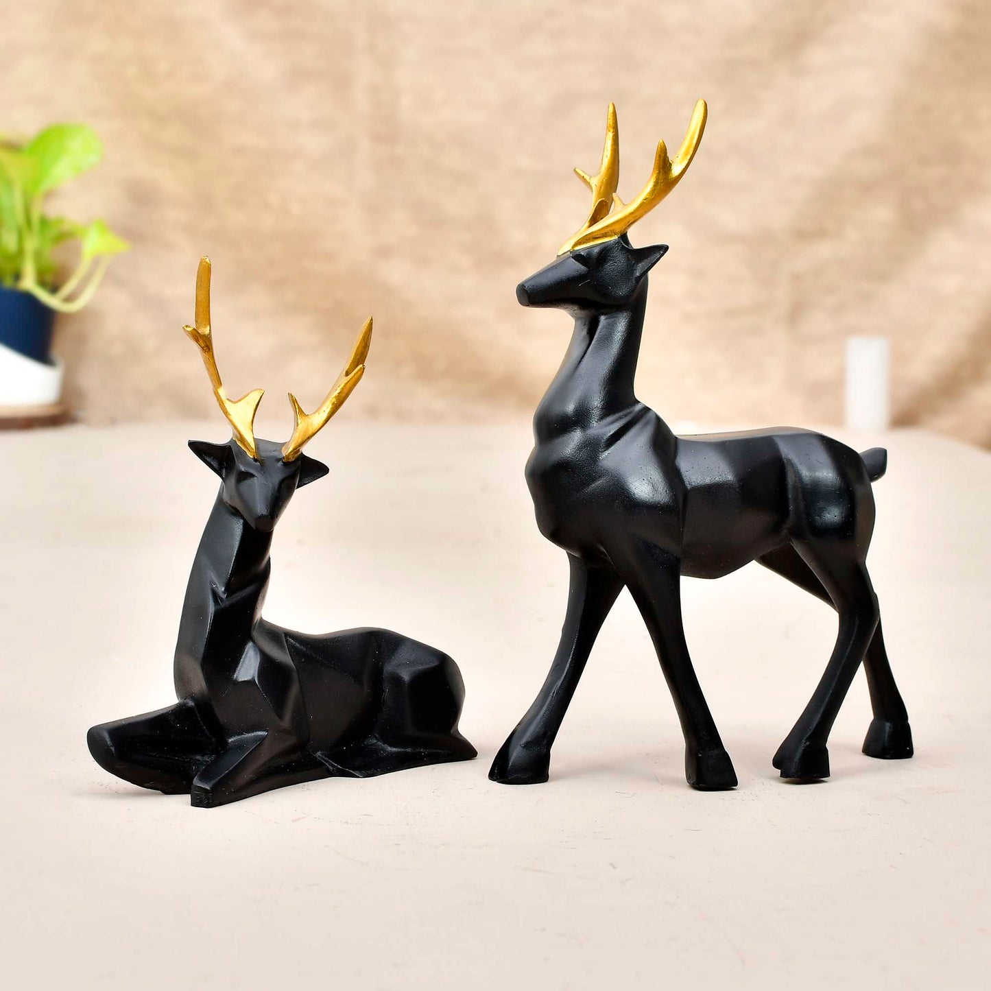 Elegant Black Deer Figurine Set with Golden Antlers – Modern Home Decor