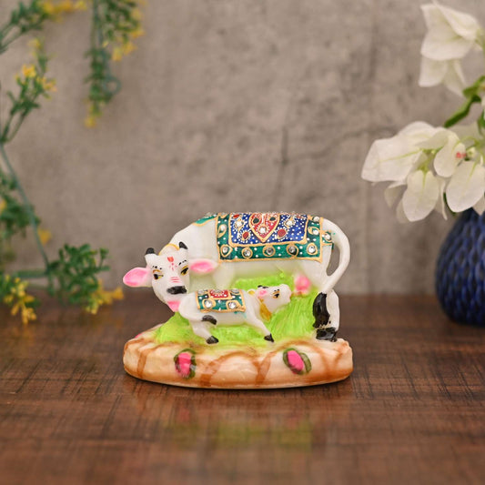 Decorative Kamadhenu Cow and Calf Idol | Handcrafted Marble Statue for Home Temple & Gifting