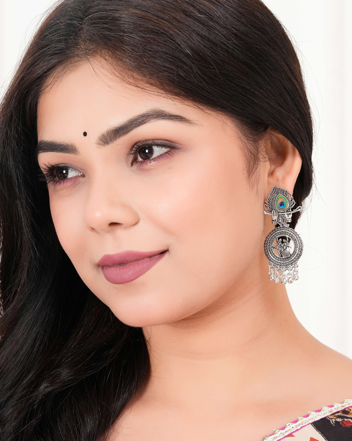 Silver Beads Ethnic Jhumka (Radha Krishna Design)