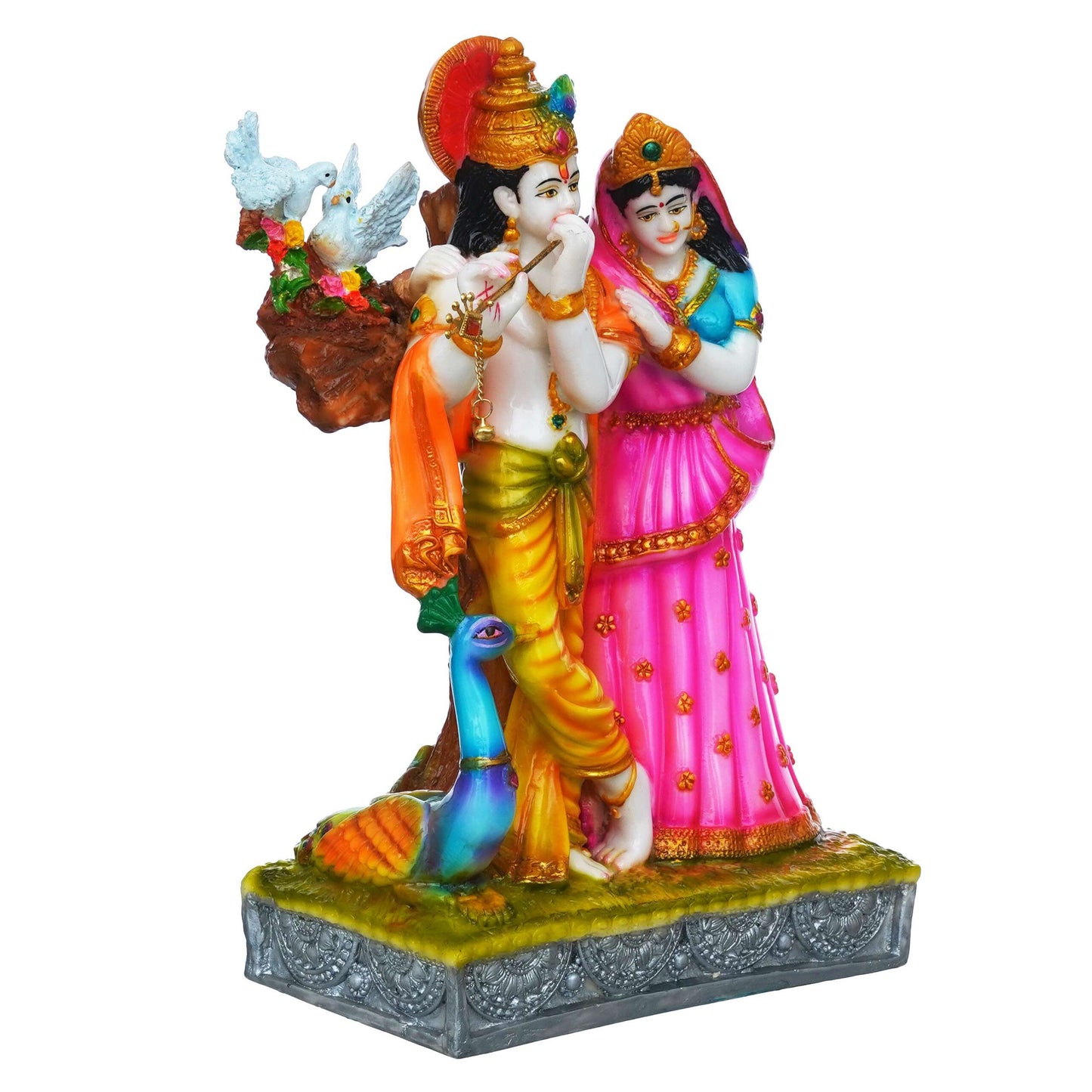 Colorful Radha Krishna Idol – Hand-Painted Decorative Statue with Peacock Detail